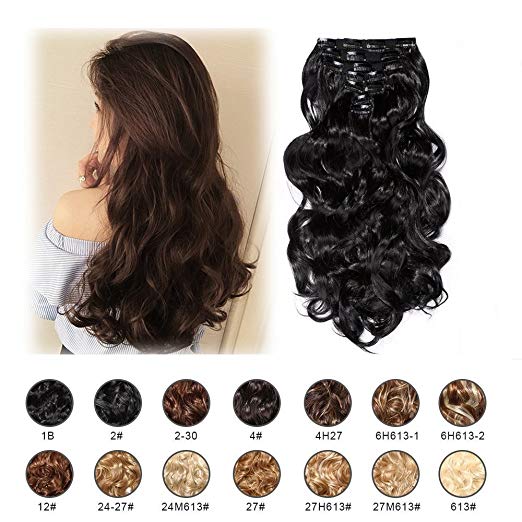 BARSDAR 17" Long Curly 7Pcs 16Clips Full Head Clip in Synthetic Hair Extensions Hairpieces for Women 150g (1B#Off Black)